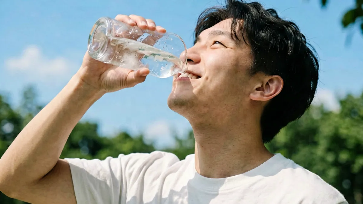 一个人在夏日户外大口喝水后仰头大喊好爽的真实感受场景