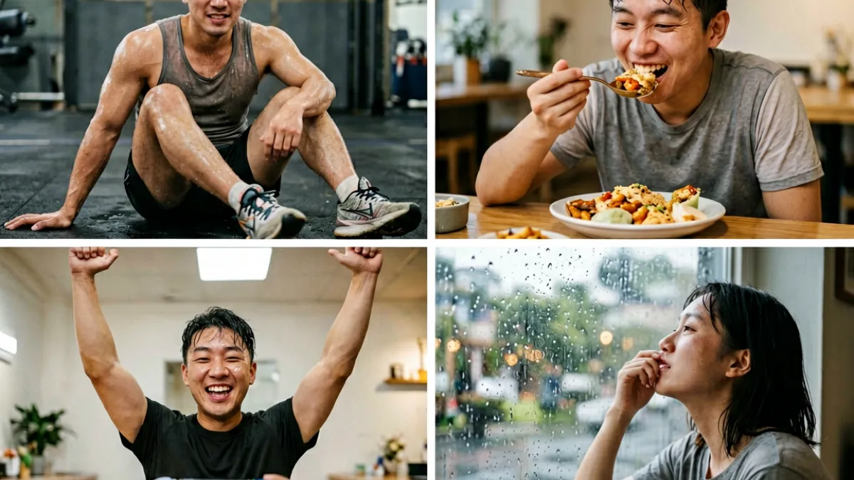 多个生活场景拼图展示好爽的不同使用情境包括运动后休息与美食享用