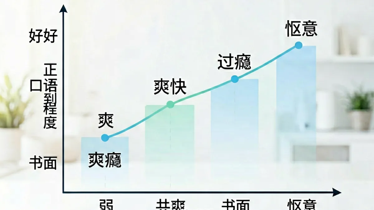 一张词语对比图表展示好爽与爽快过瘾惬意在情绪强度和使用语境上的区别