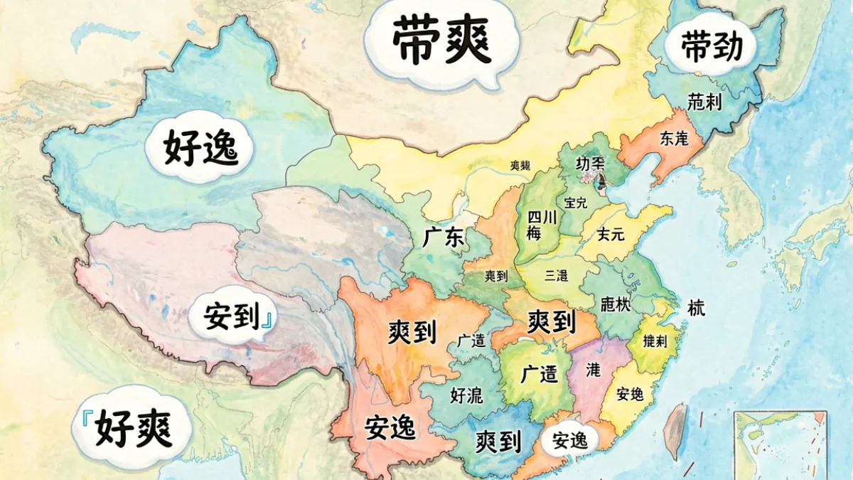 中国地图上标注各地方言中与好爽同义的不同词语展示地域语言文化差异