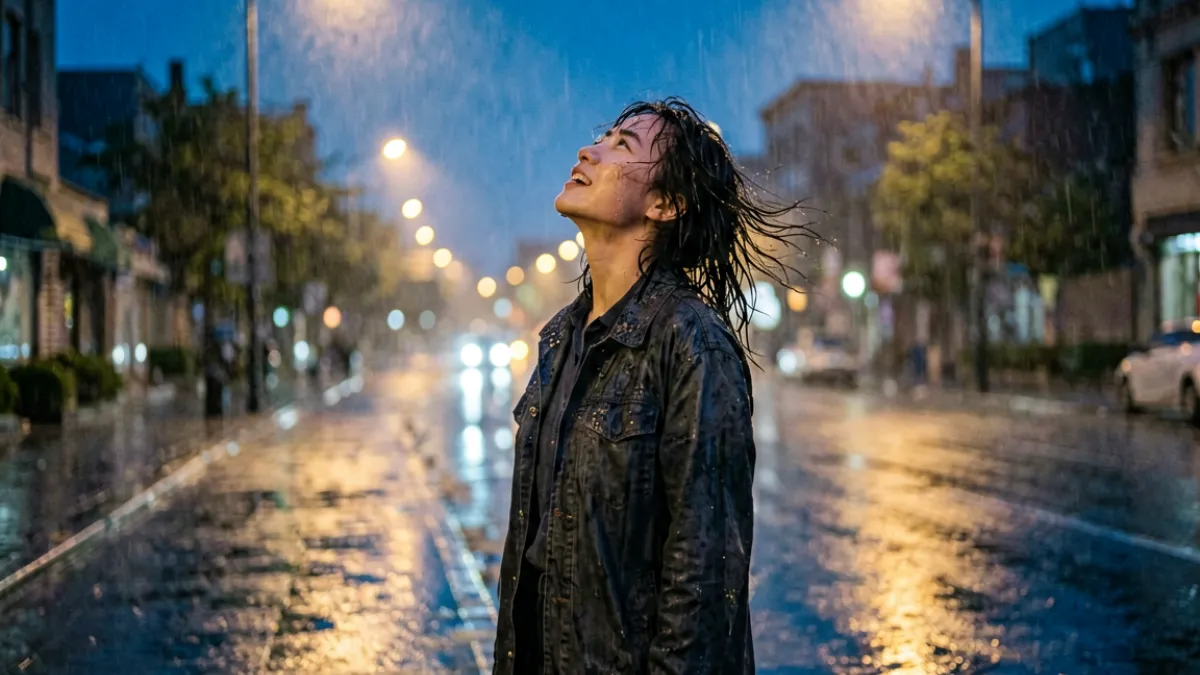 暴雨后傍晚的街道湿漉漉，一个人站在路边感受凉风吹过脸颊，眼神舒展、嘴角微扬的好爽表情特写