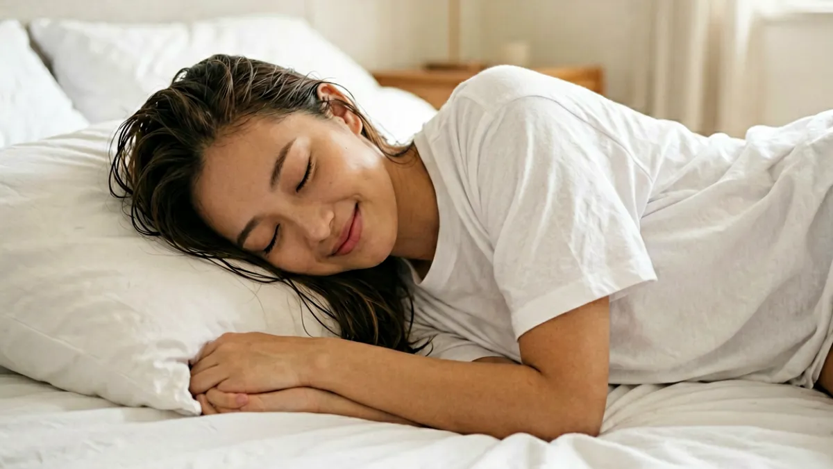 健身后洗完澡换上干净宽松棉T恤的年轻女性，躺进柔软白色床单里面露满足笑容的好爽放松瞬间