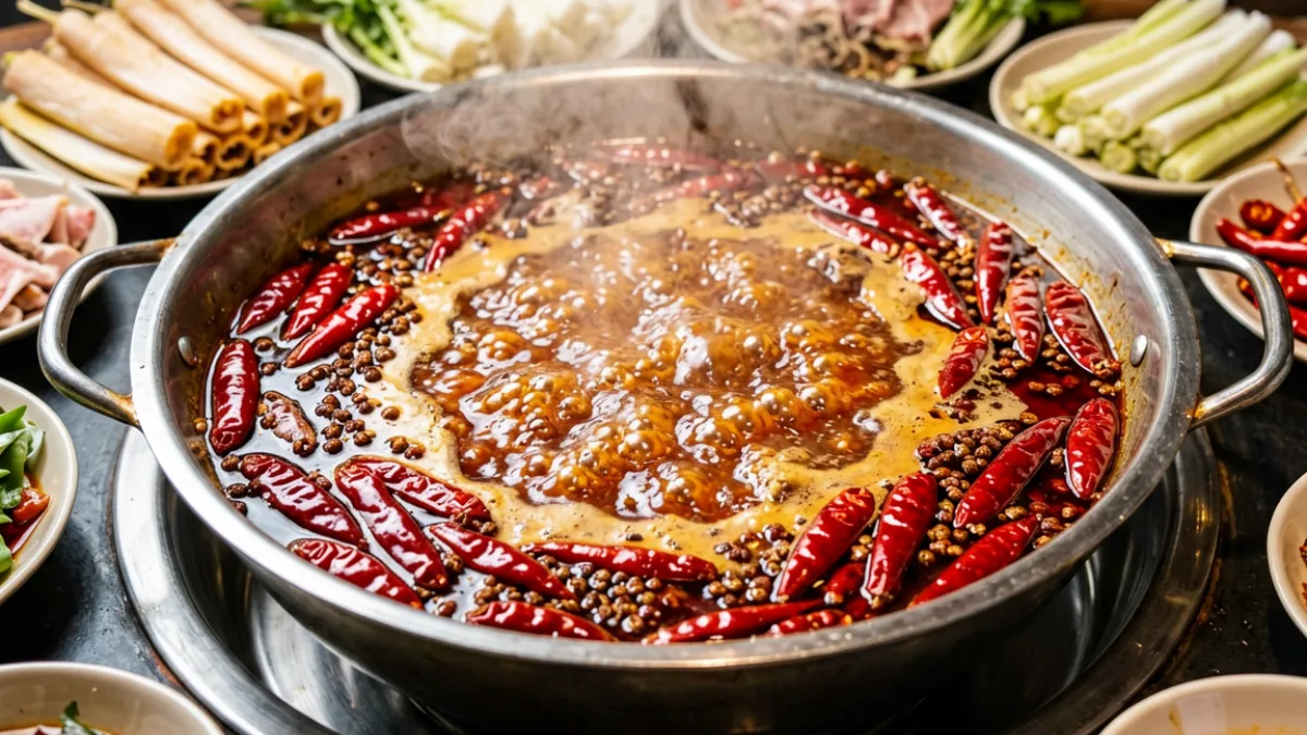 热气腾腾的红油火锅特写，辣椒翻滚，令人想起吃辣时那种又痛又好爽的复杂感受